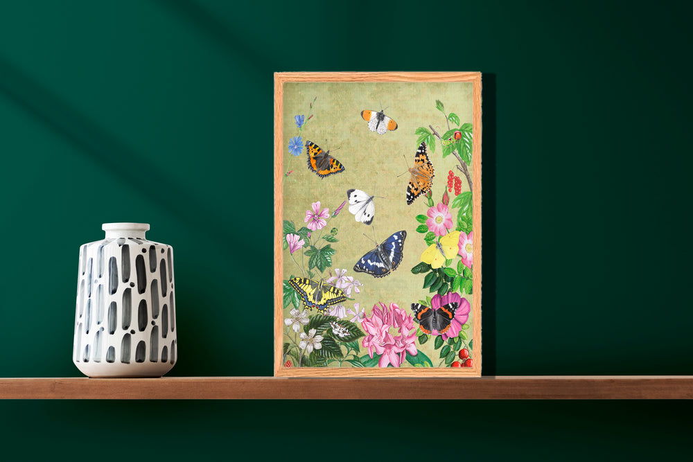 Ingelijst "Planten en vlinders, vintage"