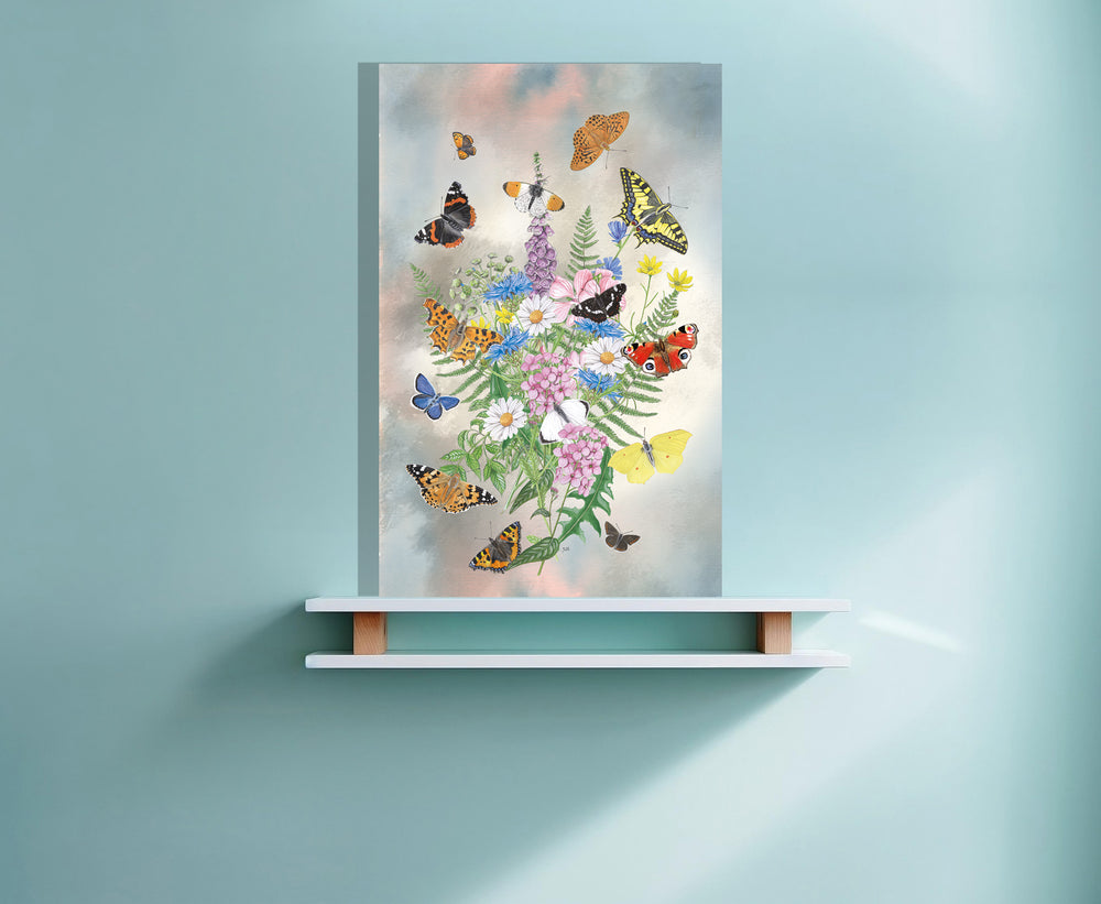 Wanddecoratie "Bosje kleurrijke bloemen met vlinders"