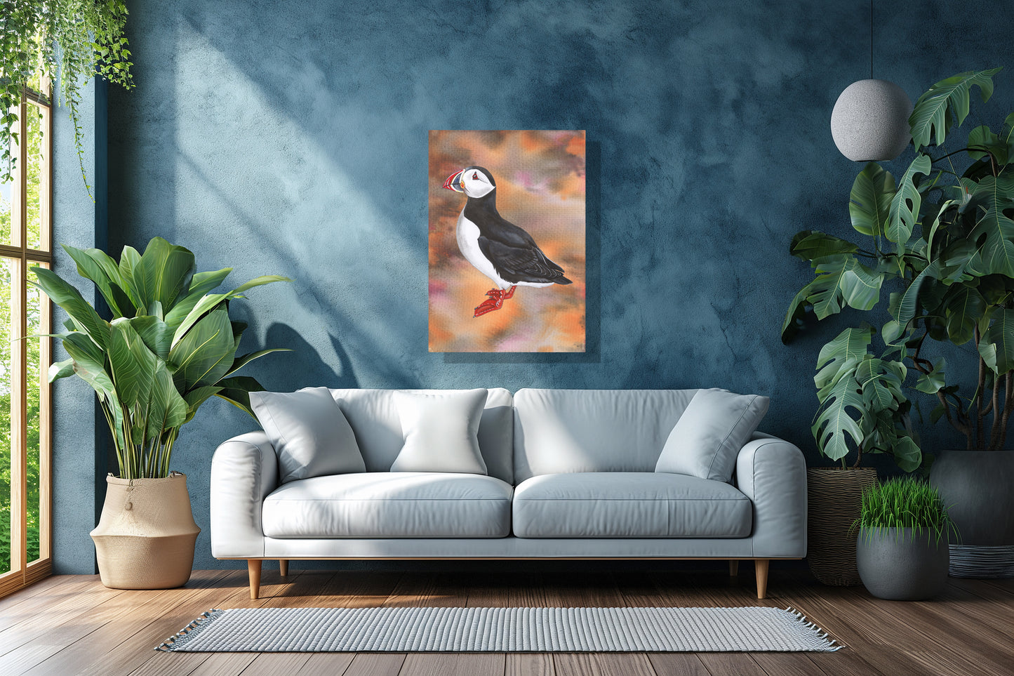 Wanddecoratie "Papegaaiduiker bij bewolkte zonsondergang"
