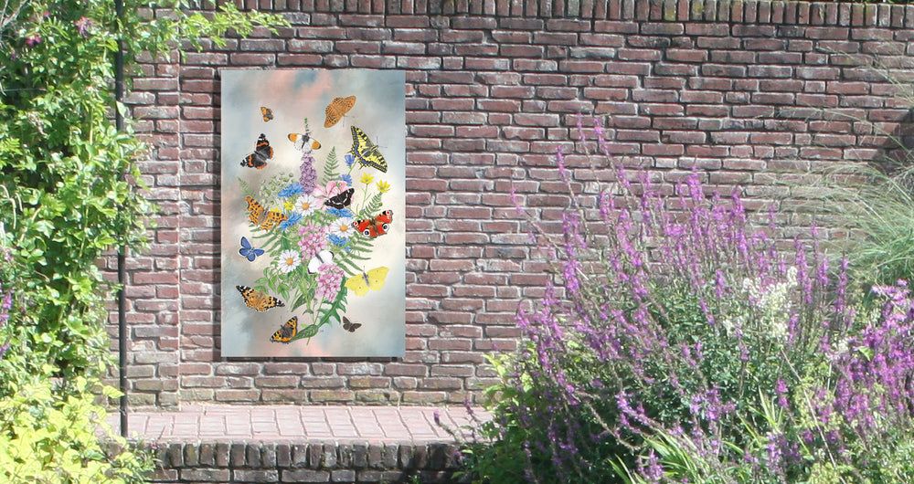 Tuinposter "Bosje kleurrijke bloemen met vlinders"
