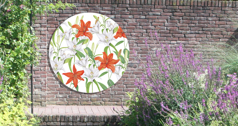 Tuinposter Cirkel "Witte en oranje lelies"
