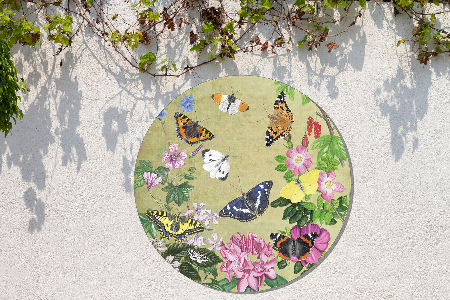 Tuinposter Cirkel "Planten en haar vlinders, vintage