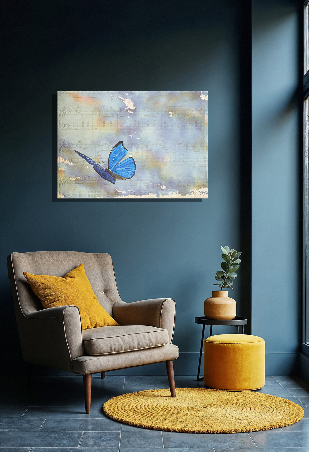 Wanddecoratie "Vlinder vliegt op muzieknoten"