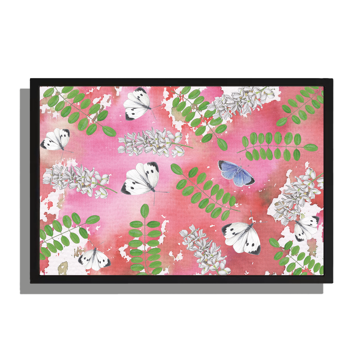 Wanddecoratie "Acacia met witjes op roze achtergrond"
