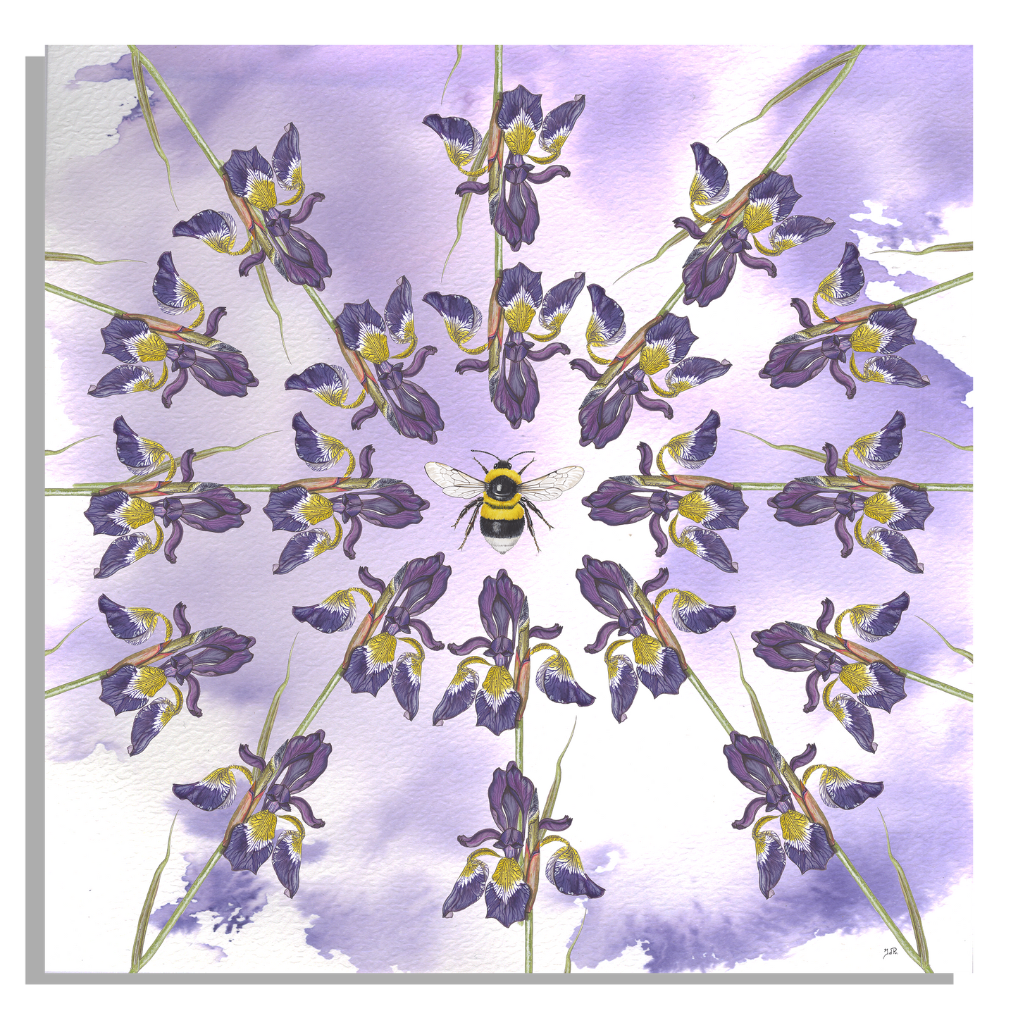 Wanddecoratie "Blauwe irissen met aardhommel"