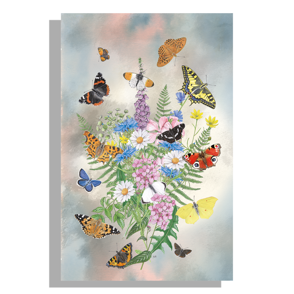 Tuinposter "Bosje kleurrijke bloemen met vlinders"