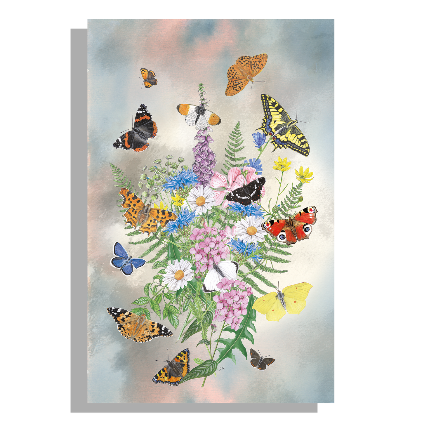 Tuinposter "Bosje kleurrijke bloemen met vlinders"