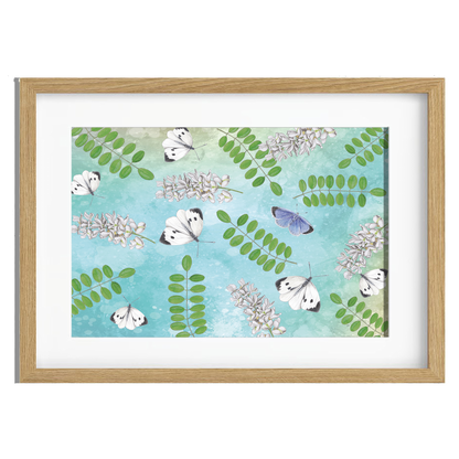 Ingelijst "Acacia met witjes op blauwe achtergrond"