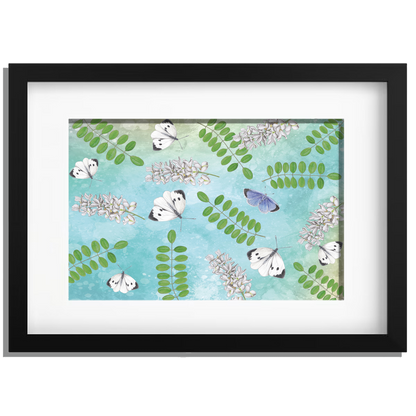 Ingelijst "Acacia met witjes op blauwe achtergrond"