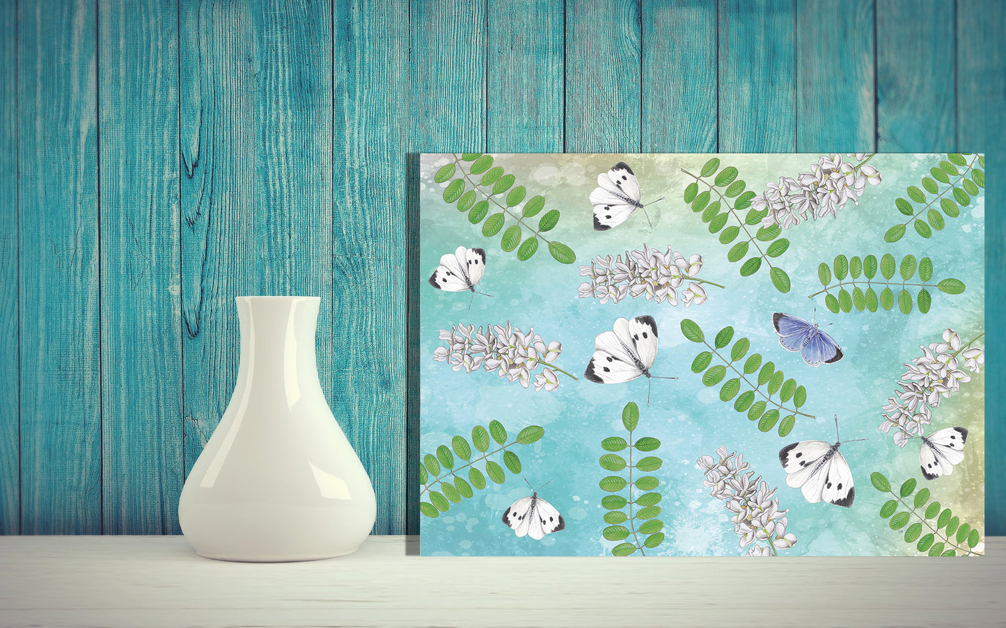 Wanddecoratie "Acacia met witjes op een groenblauwe achtergrond"