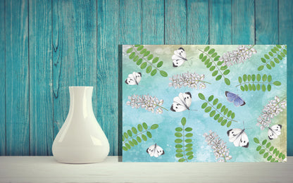 Wanddecoratie "Acacia met witjes op een groenblauwe achtergrond"