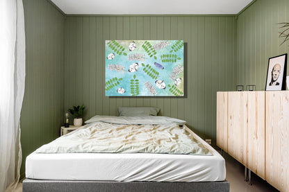 Wanddecoratie "Acacia met witjes op een groenblauwe achtergrond"
