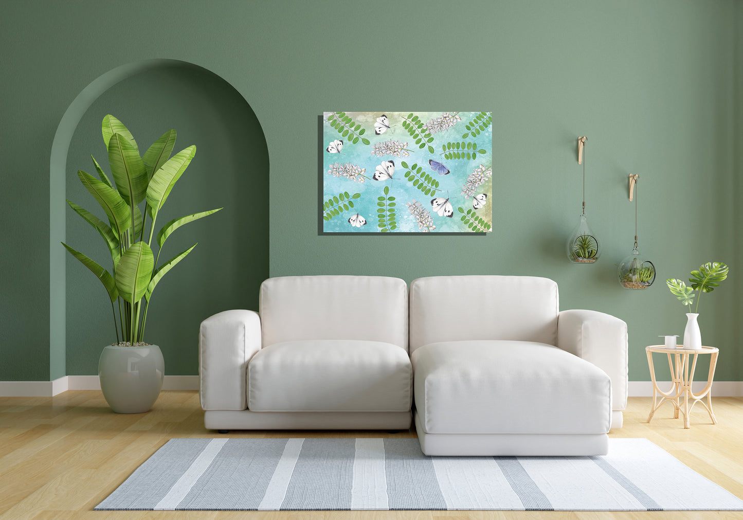 Wanddecoratie "Acacia met witjes op een groenblauwe achtergrond"