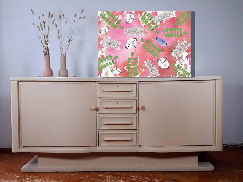 Wanddecoratie "Acacia met witjes op roze achtergrond"
