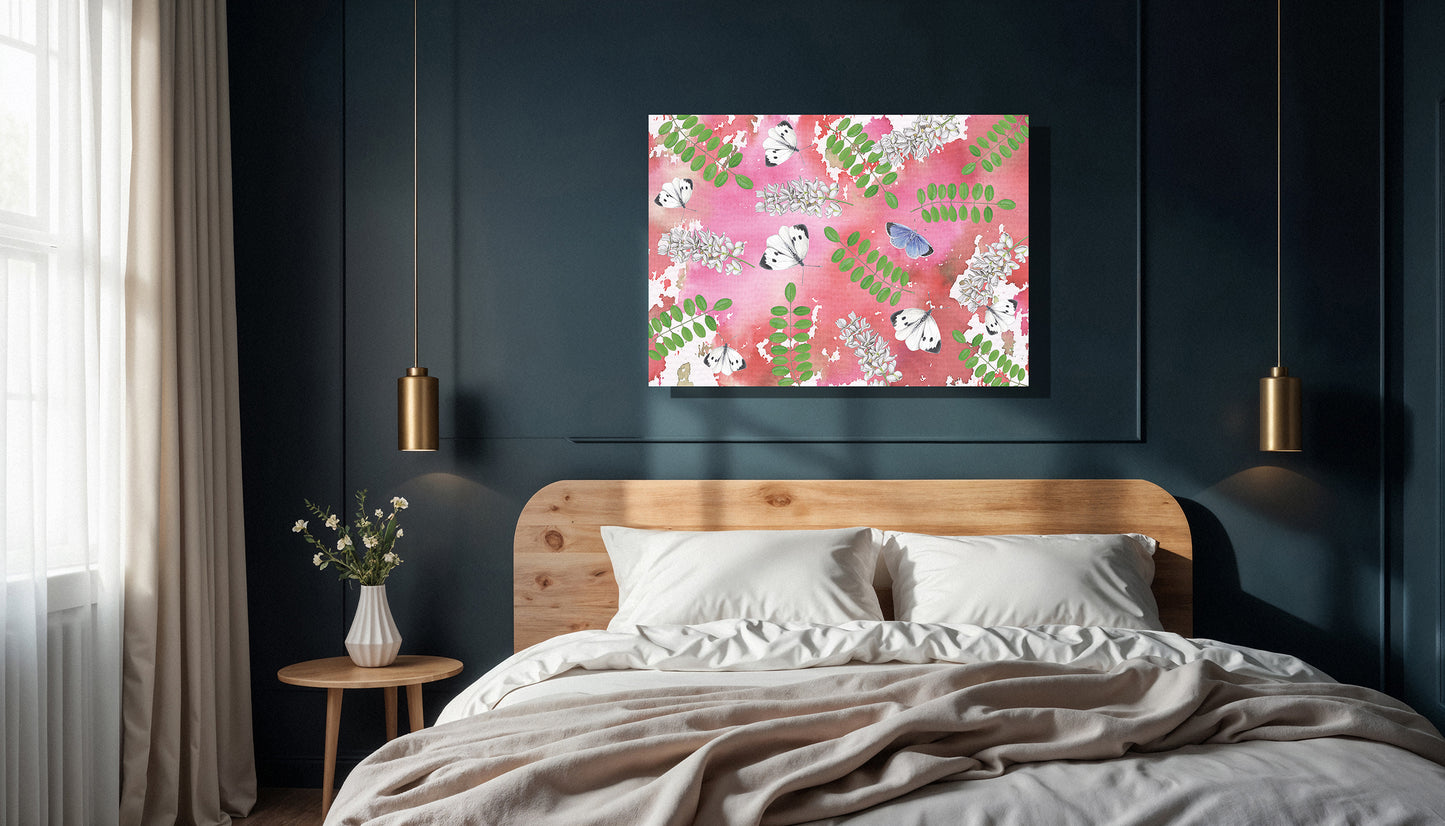 Wanddecoratie "Acacia met witjes op roze achtergrond"