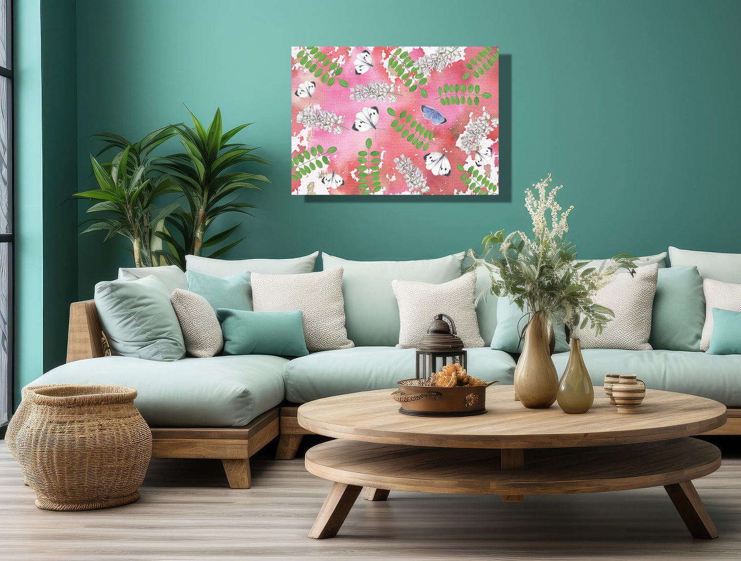 Wanddecoratie "Acacia met witjes op roze achtergrond"