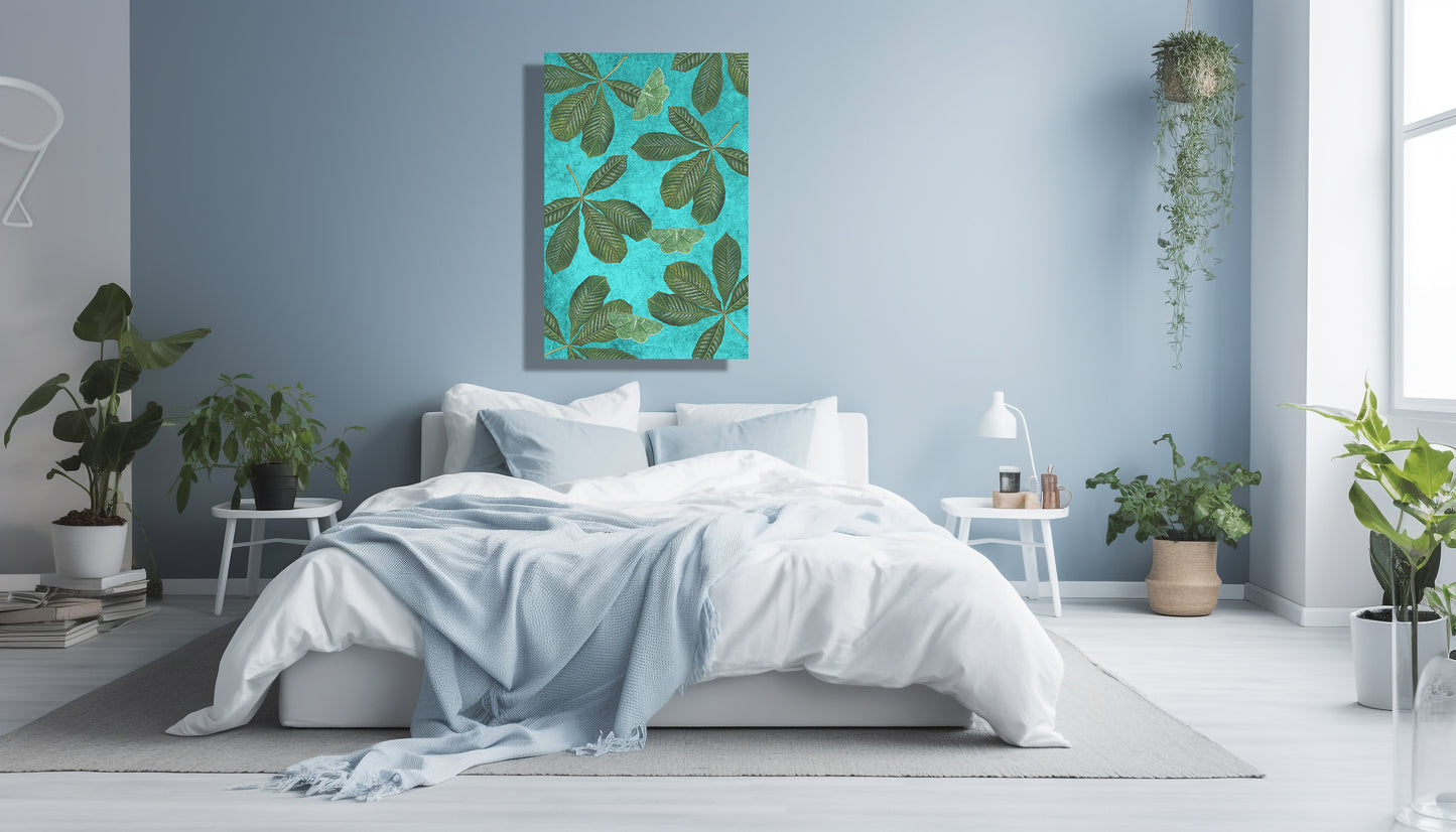 Wanddecoratie "Bladeren paardenkastanje met zomervlinder - vintage"