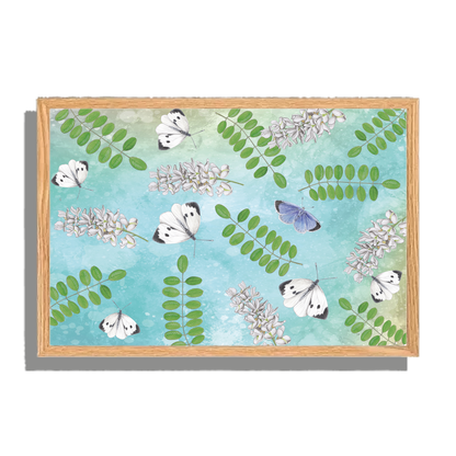 Ingelijst "Acacia met witjes op blauwe achtergrond"