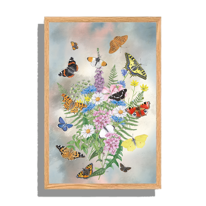 Ingelijst "Bosje kleurrijke bloemen met vlinders"