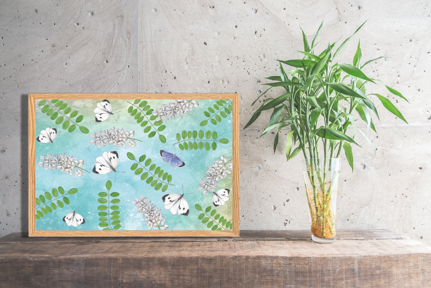 Ingelijst "Acacia met witjes op blauwe achtergrond"