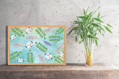 Ingelijst "Acacia met witjes op blauwe achtergrond"