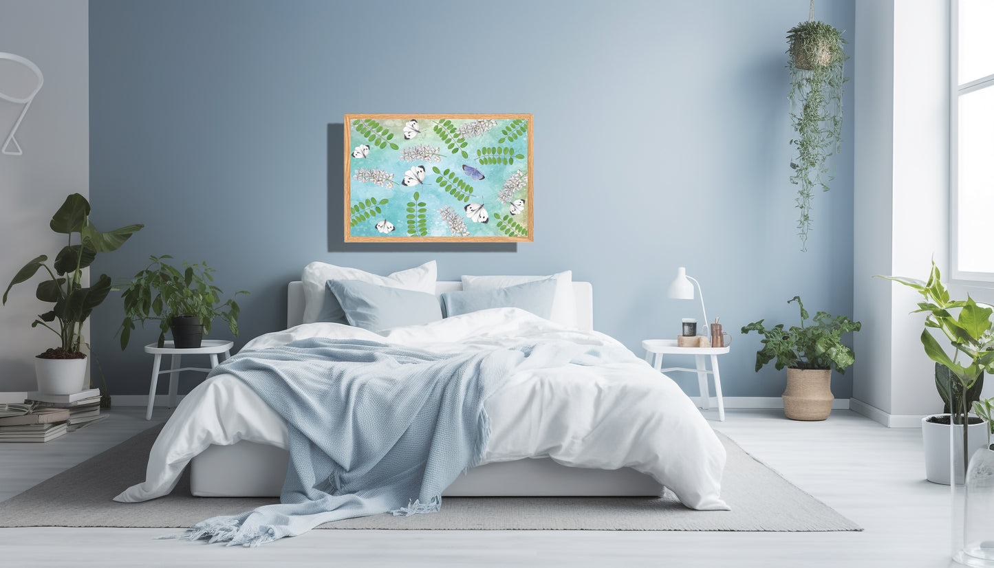 Ingelijst "Acacia met witjes op blauwe achtergrond"