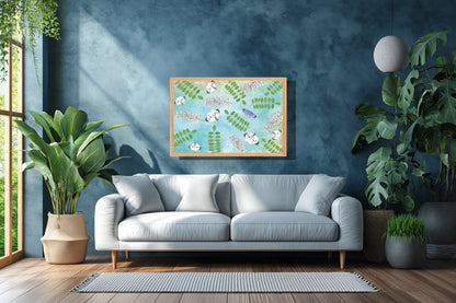 Ingelijst "Acacia met witjes op blauwe achtergrond"