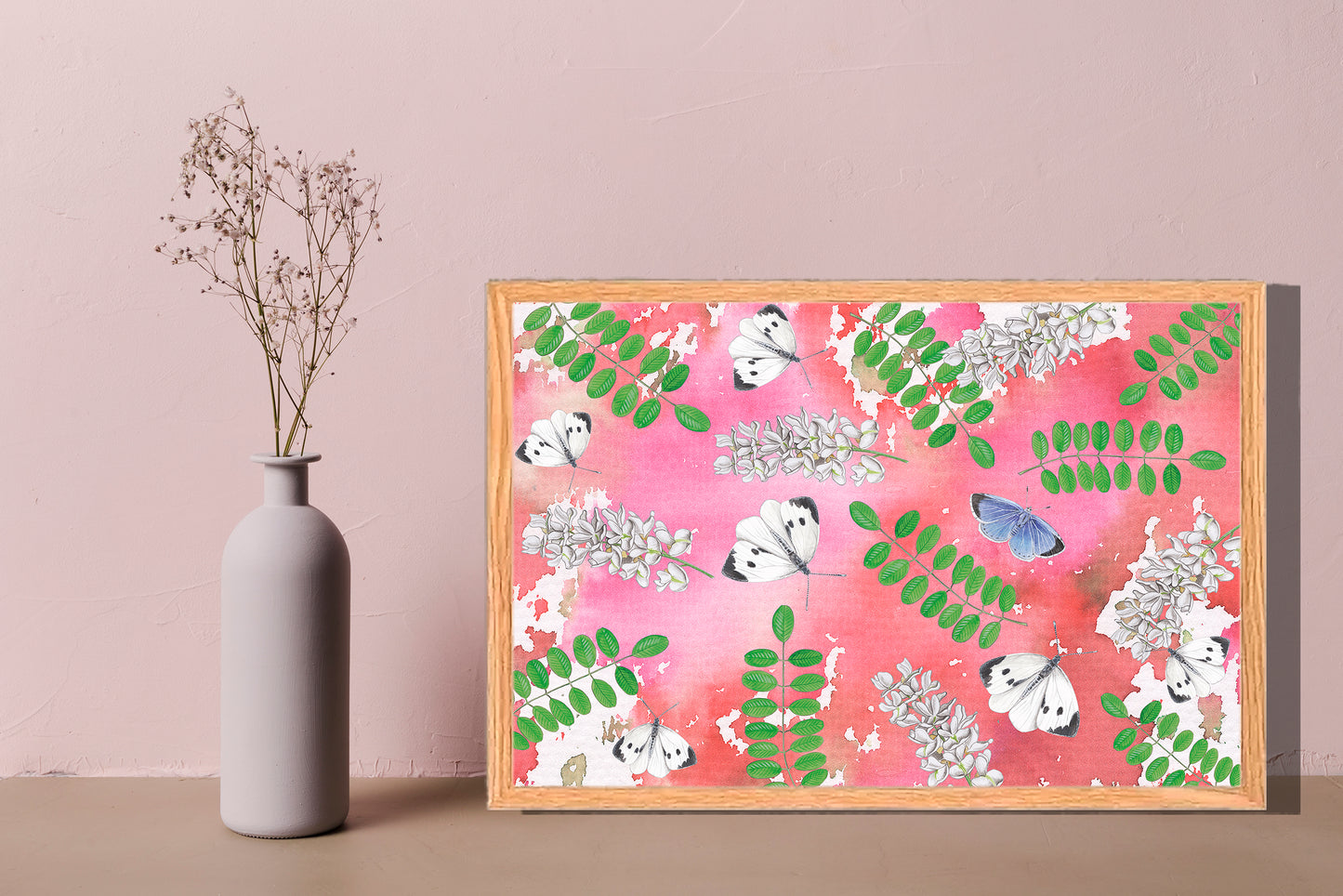 Ingelijst "Acacia met witjes op roze achtergrond"