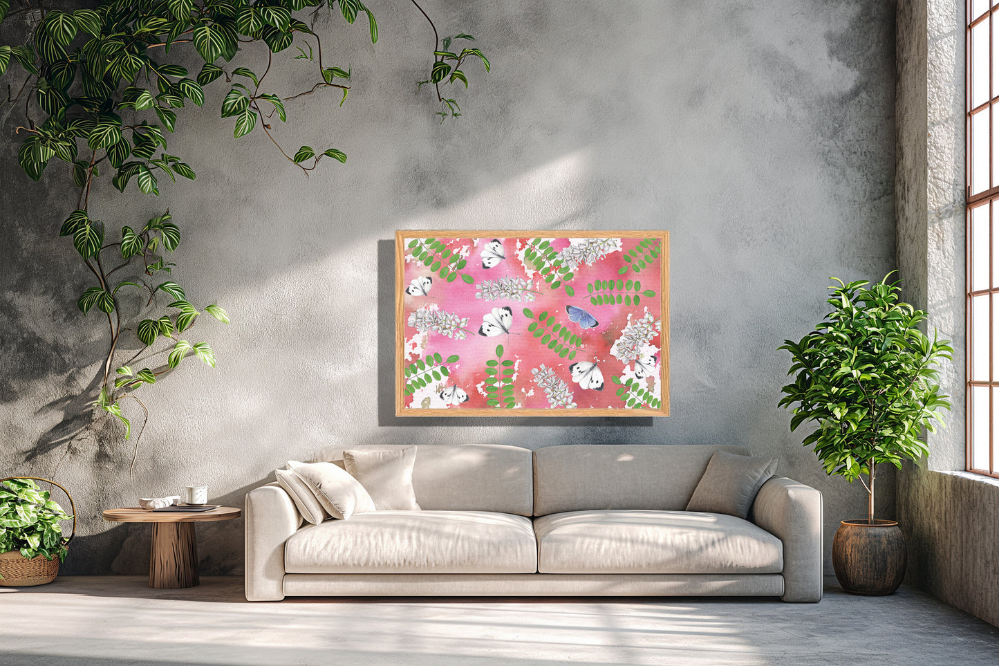 Ingelijst "Acacia met witjes op roze achtergrond"