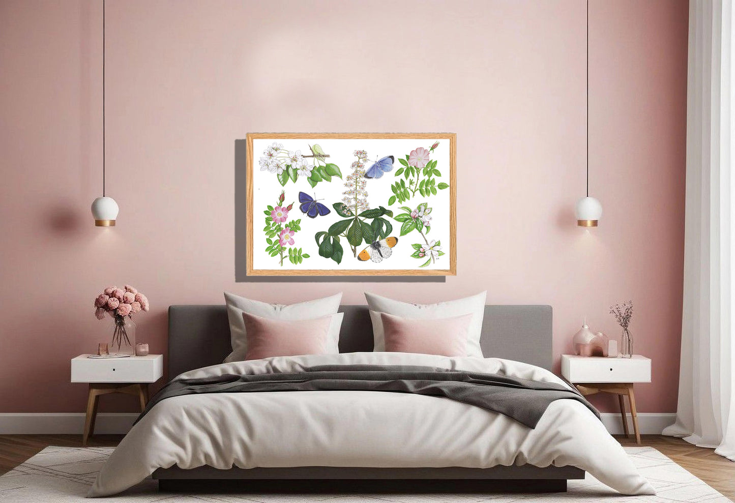 Ingelijst "Bloesems en haar vlinders"
