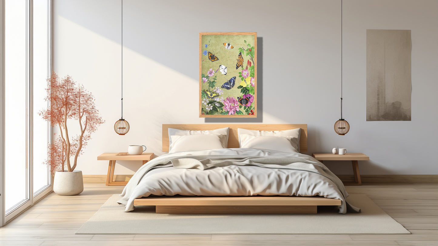 Ingelijst "Planten en vlinders, vintage"