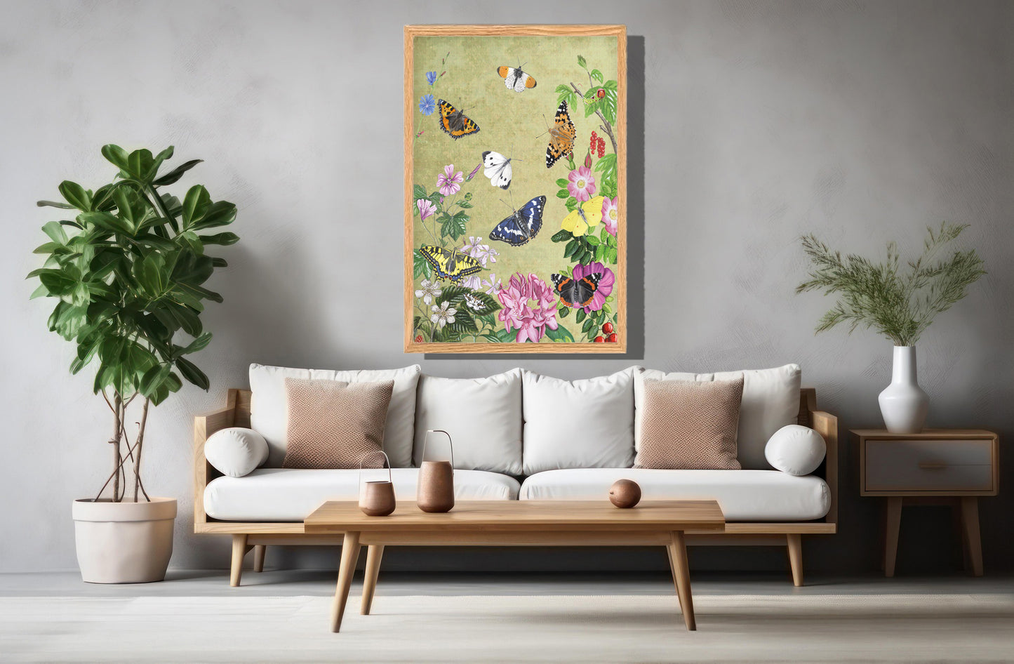 Ingelijst "Planten en vlinders, vintage"