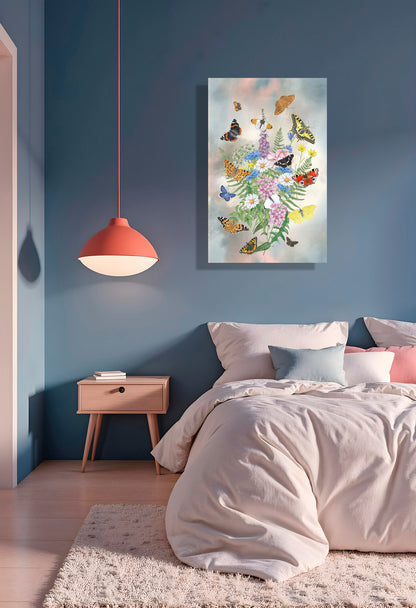 Wanddecoratie "Bosje kleurrijke bloemen met vlinders"