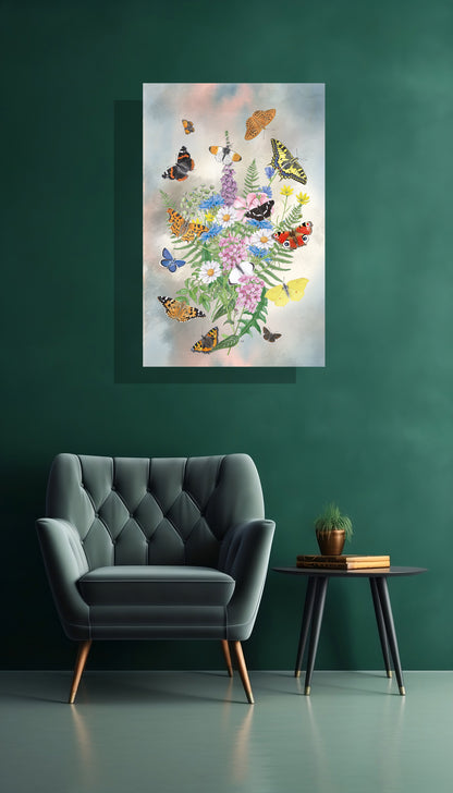 Wanddecoratie "Bosje kleurrijke bloemen met vlinders"