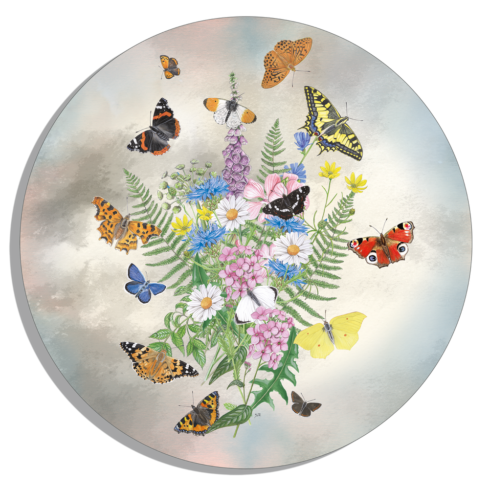 Tuinposter Cirkel "Bosje kleurrijke bloemen met vlinders"