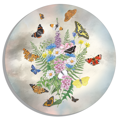 Tuinposter Cirkel "Bosje kleurrijke bloemen met vlinders"