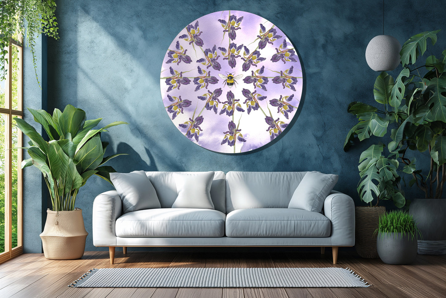 Muurcirkel "Blauwe iris met aardhommel"