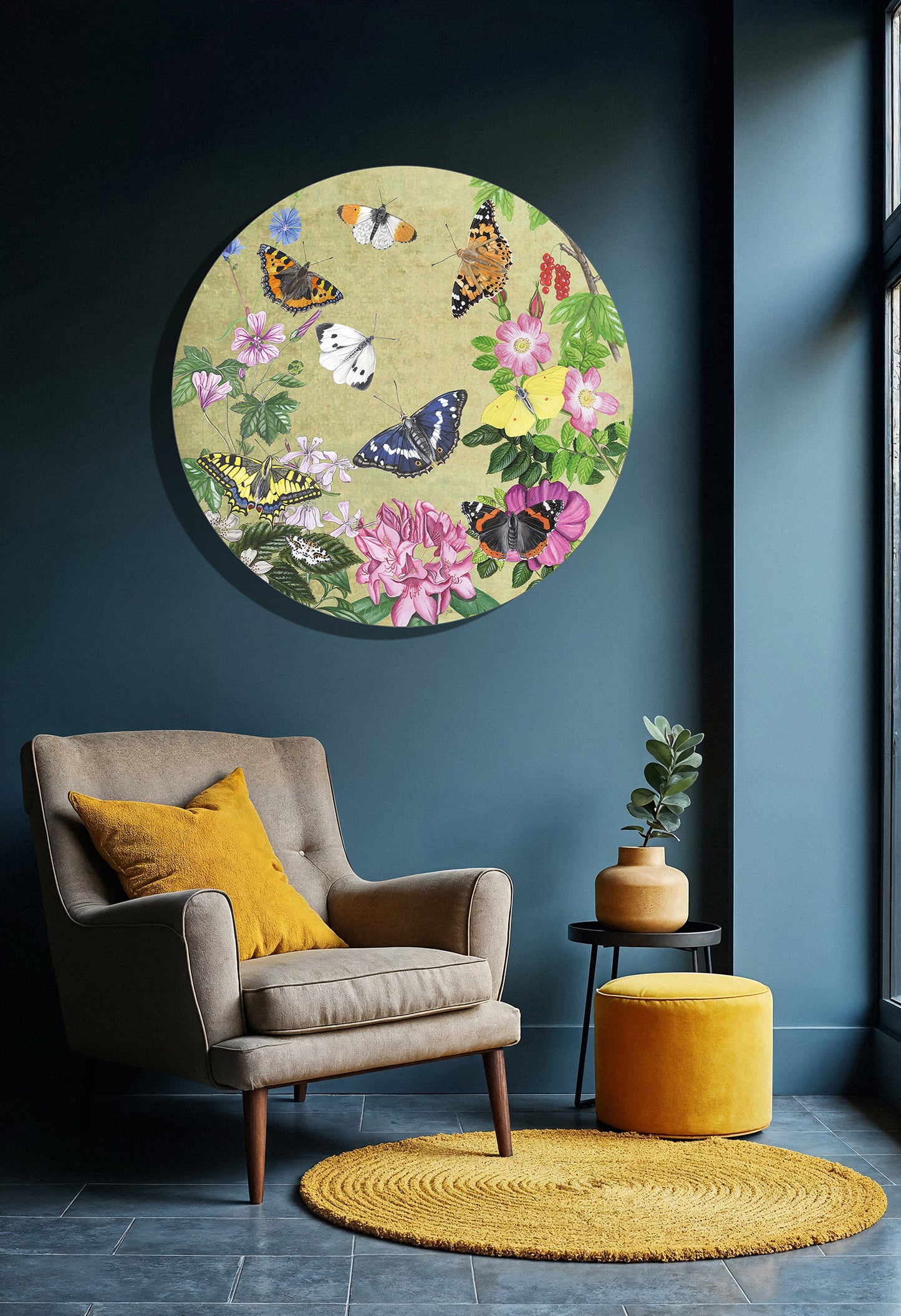 Muurcirkel "Planten en vlinders, vintage"