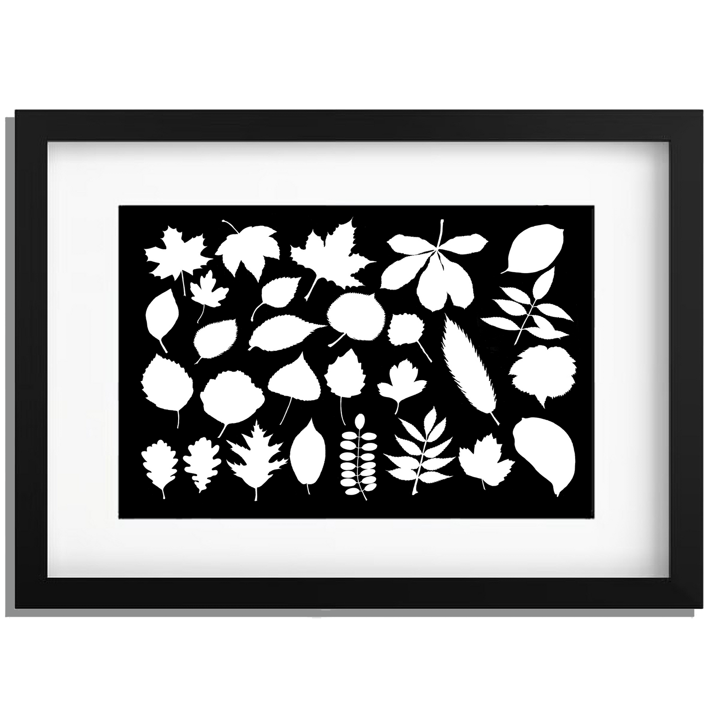 Ingelijst "Collage van bladeren witzwart"