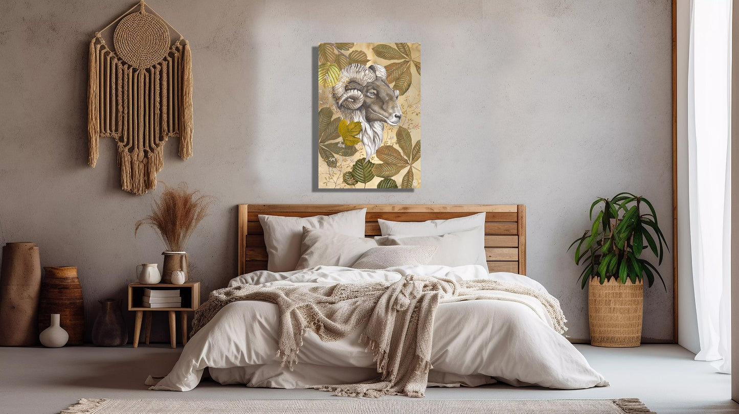 Wanddecoratie "Drents heideschaap met herfstbladeren"