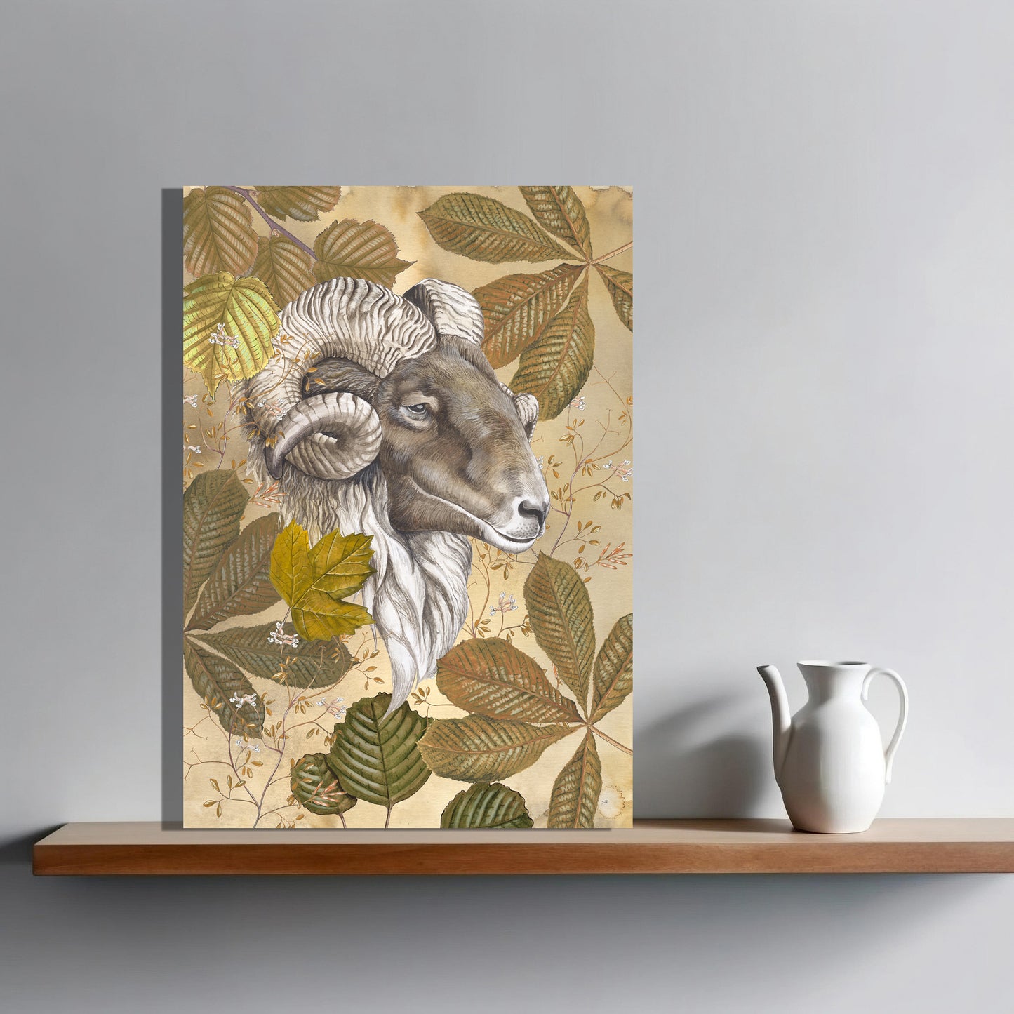 Wanddecoratie "Drents heideschaap met herfstbladeren"