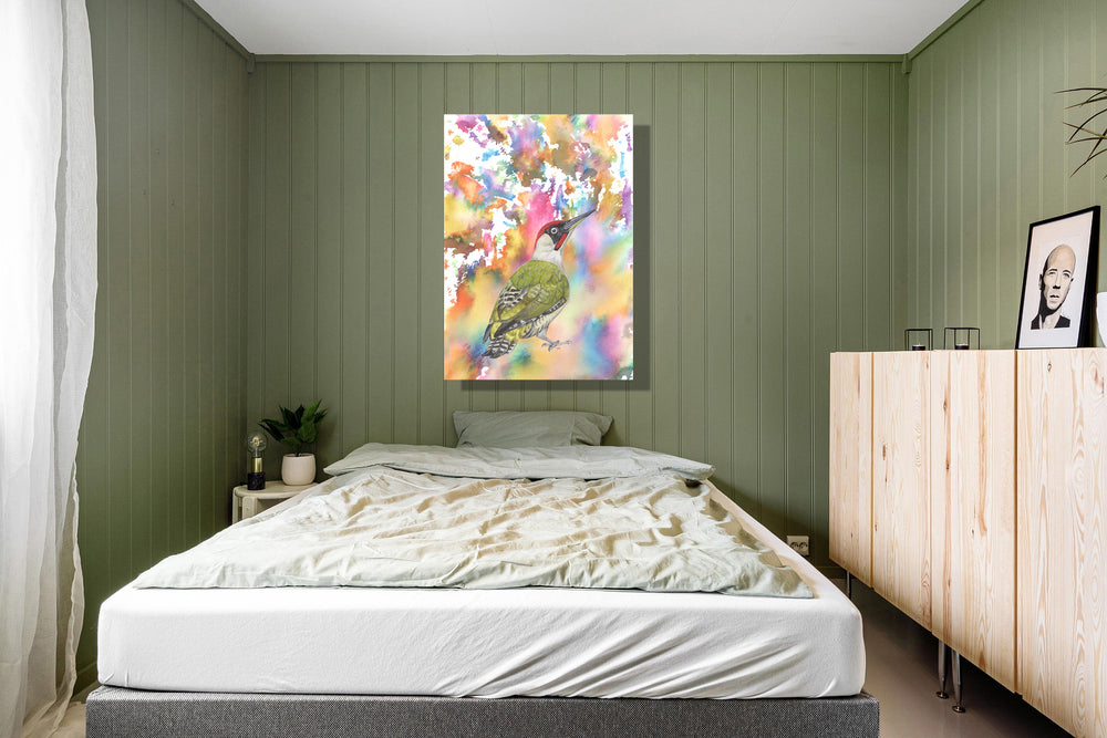 Wanddecoratie "Groene specht | Een explosie van kleur"