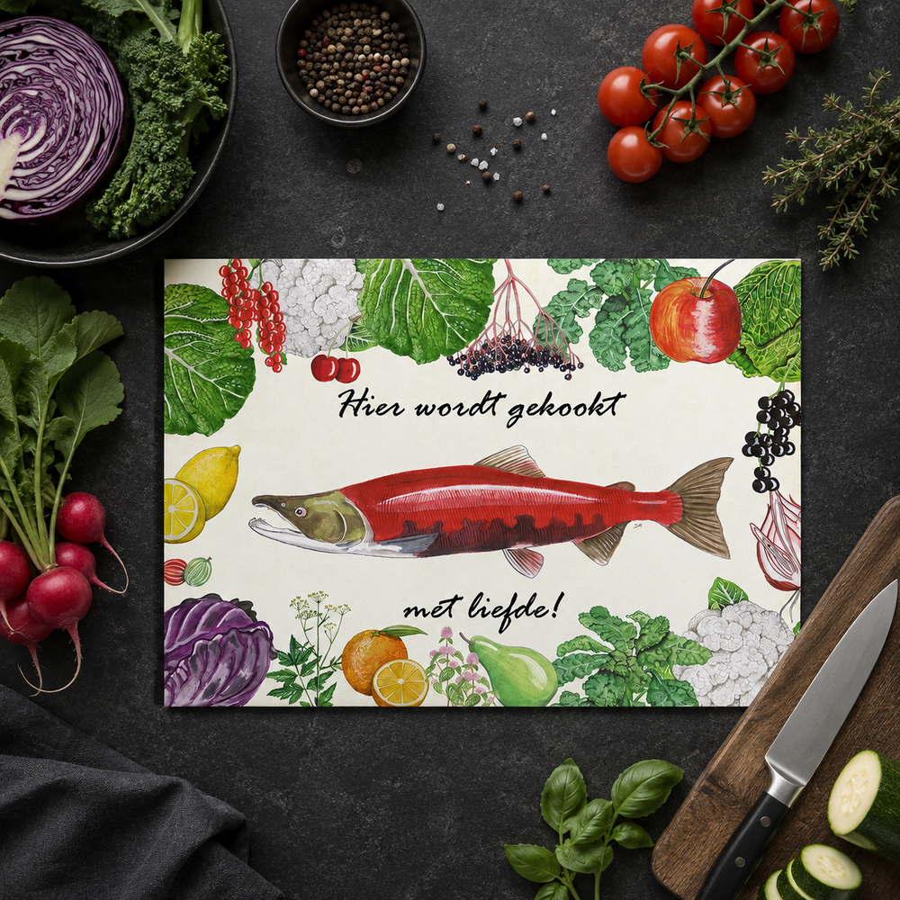 Inductieplaatbeschermer "Rode zalm, koken met liefde"
