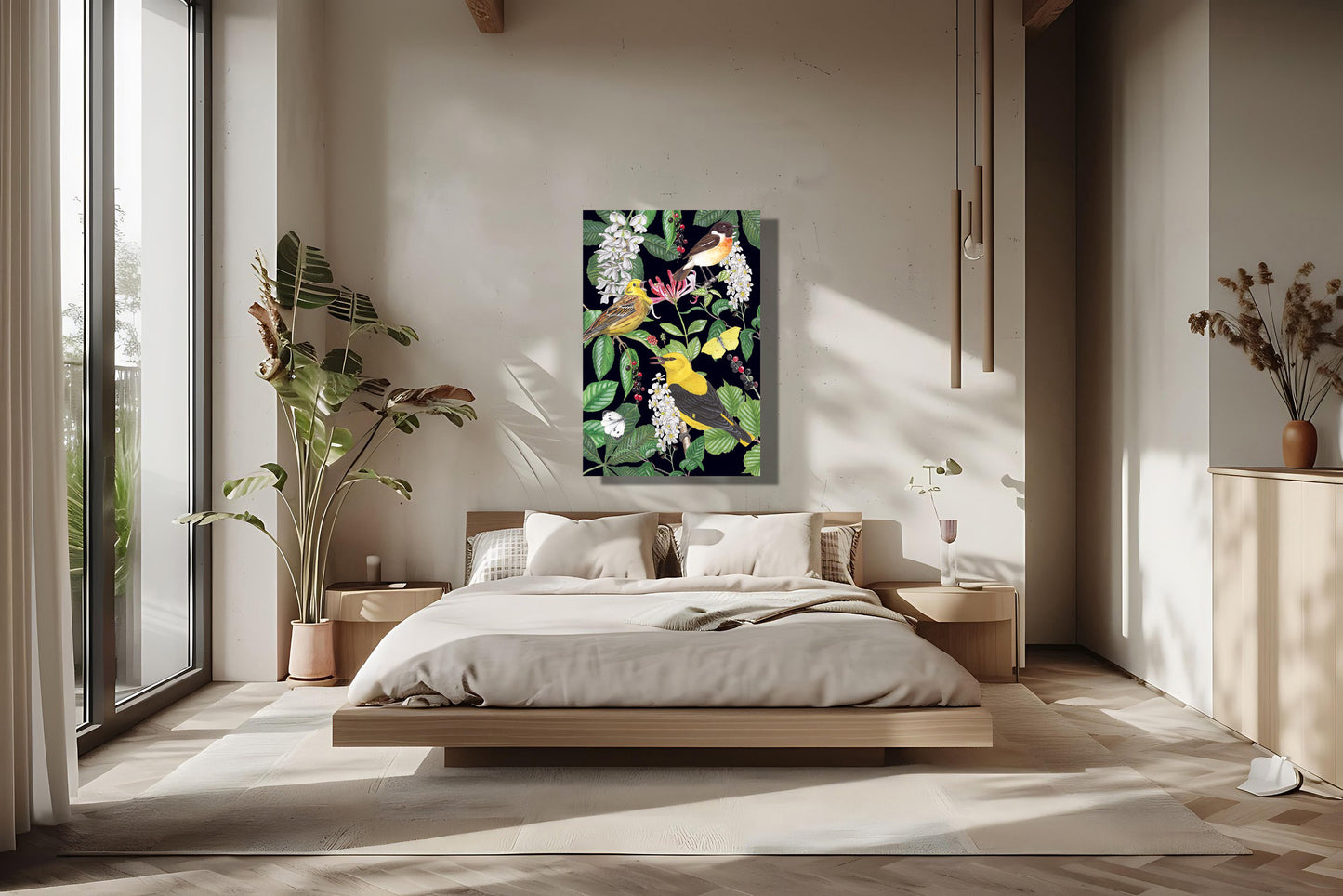 Wanddecoratie "Kamperfoelie met vogels"