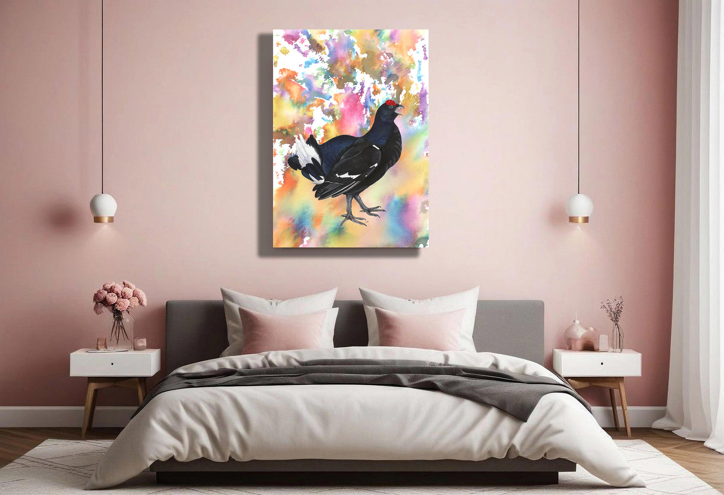 Wanddecoratie "Korhoen | Een explosie van kleur"