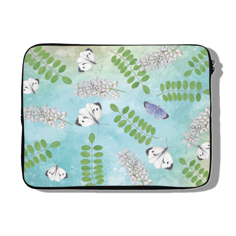 Laptophoes "Acacia met witjes op blauwe achtergrond"