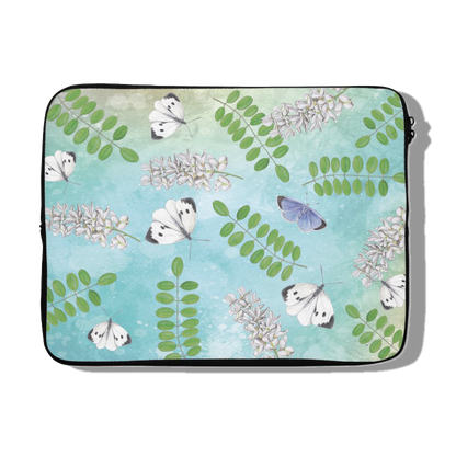 Laptophoes "Acacia met witjes op blauwe achtergrond"
