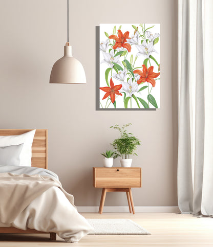 Wanddecoratie "Witte en oranje lelies"