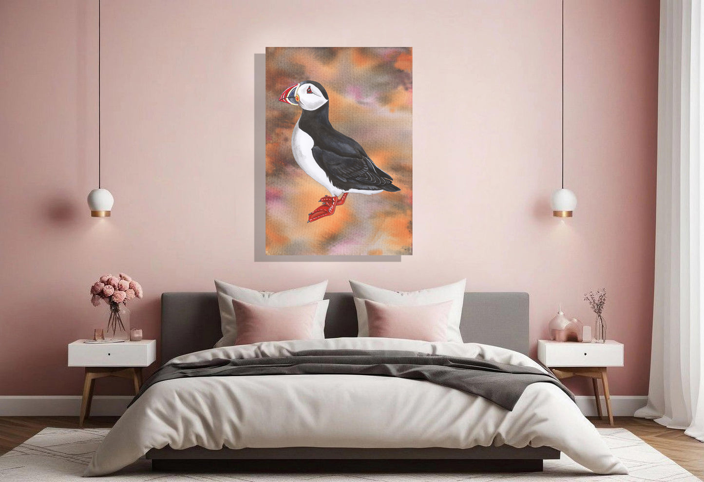 Wanddecoratie "Papegaaiduiker bij bewolkte zonsondergang"