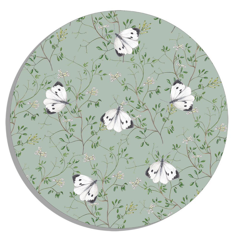 Tuinposter Cirkel "Rankende helmbloem met witjes"